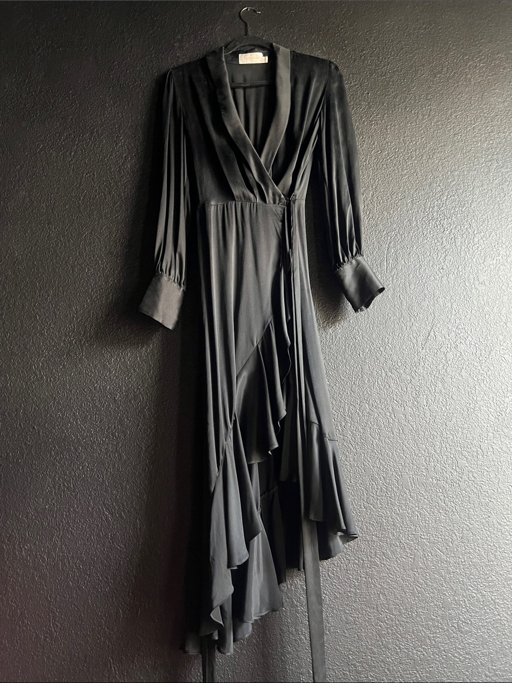 Zimmermann Black Silk Long-Sleeve Wrap Dress with Ruffle Asymmetrical Hem
